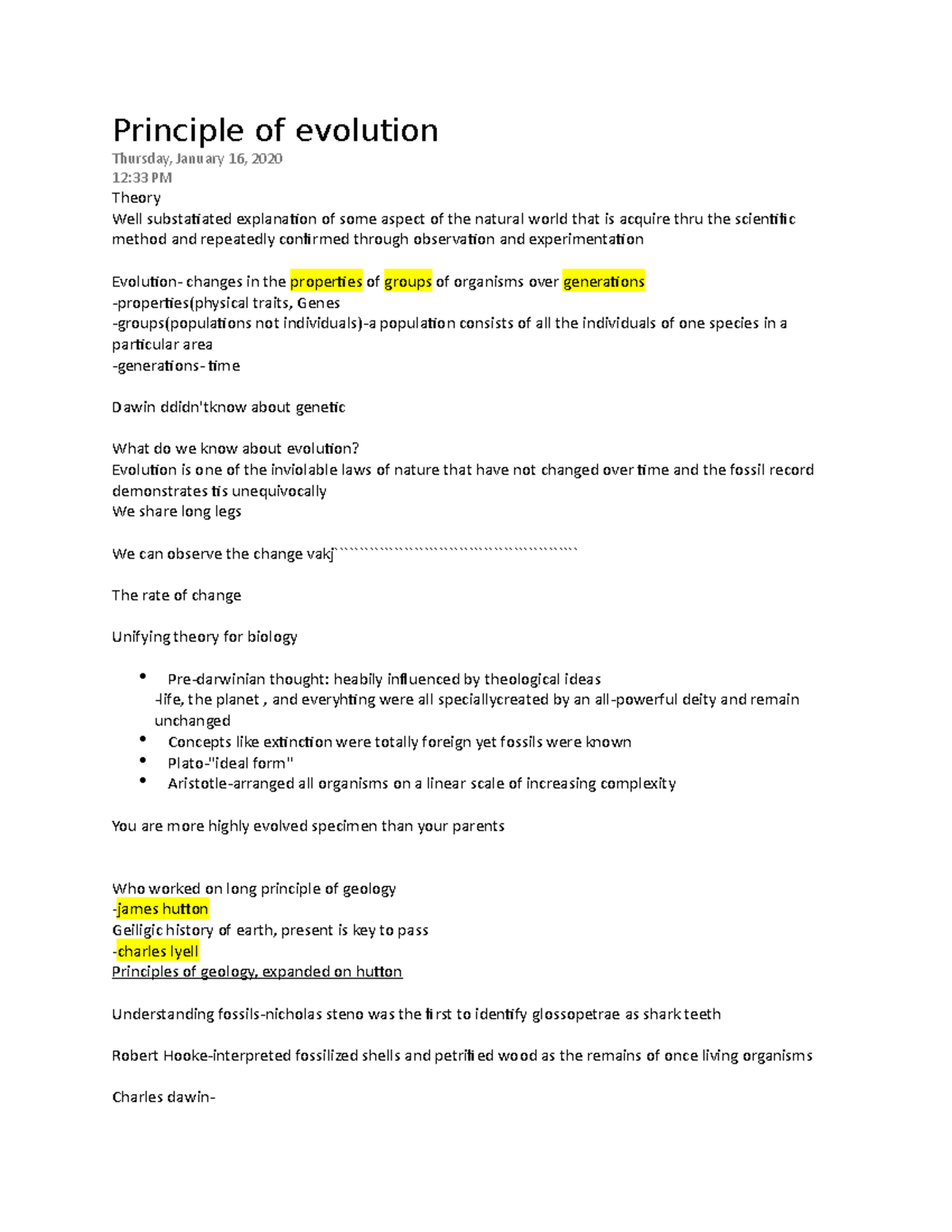 Principle of evolution - Principle of evolution Thursday, January 16 ...