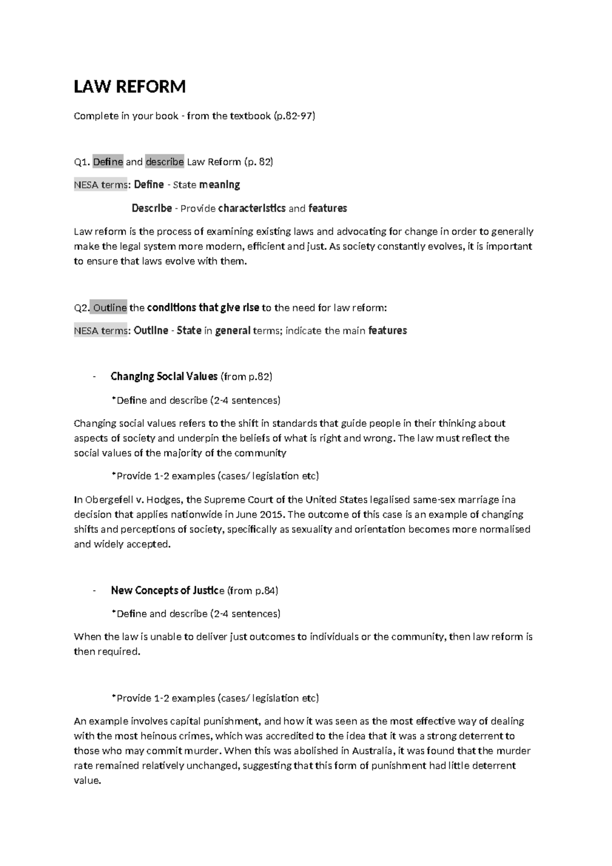 Law Reform Worksheet w Answers - LAW REFORM Complete in your book ...