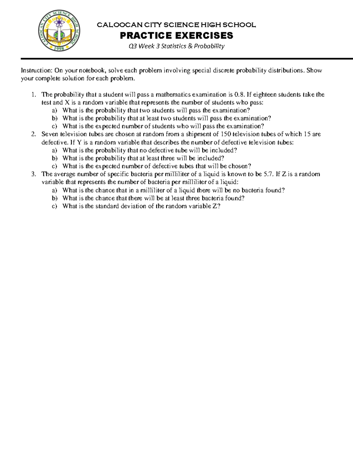 Q3 Week 3 Practice Exercises - Special Discrete Probability ...