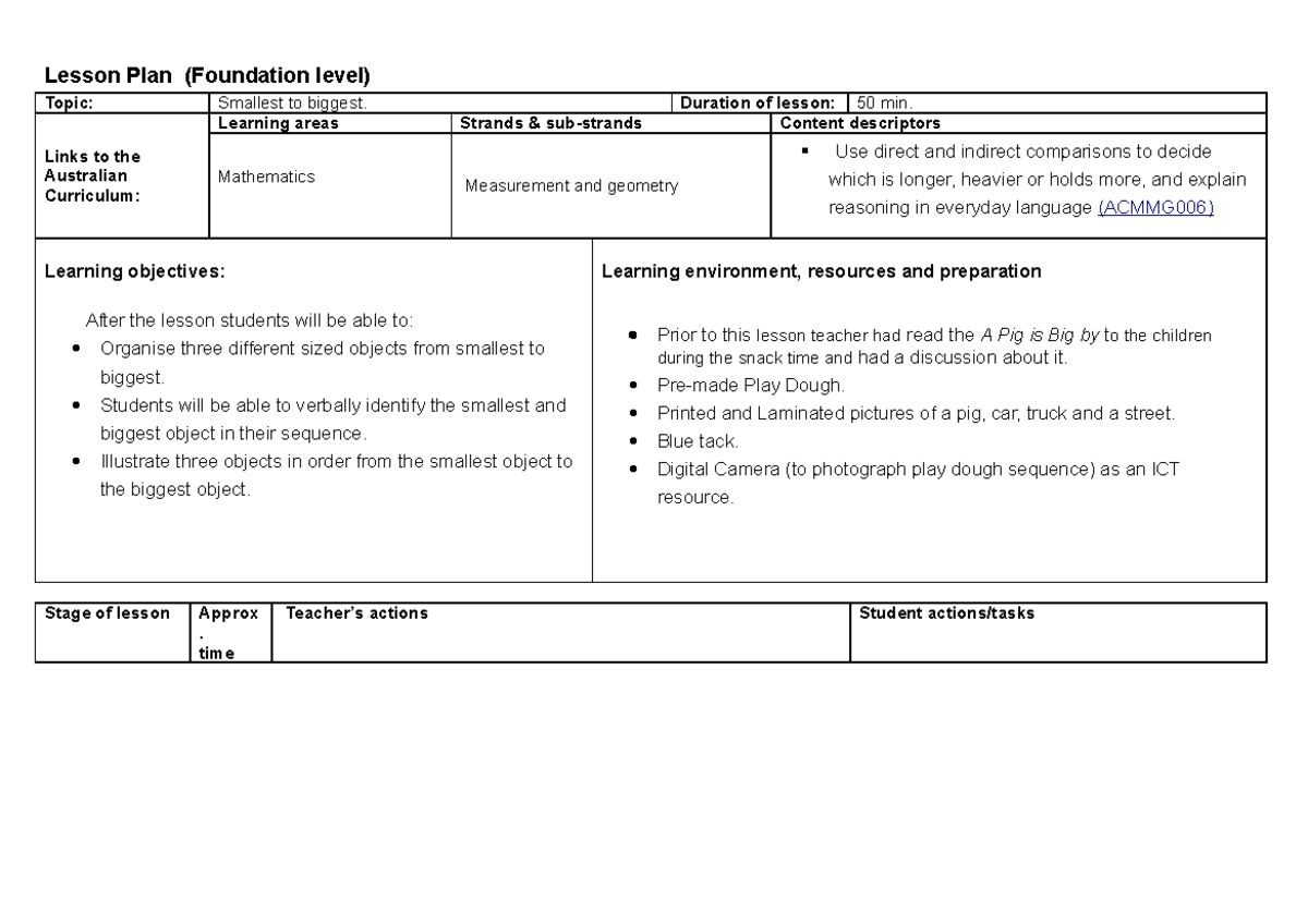 Maths lesson plan - Lesson Plan (Foundation level) Topic: Smallest to ...