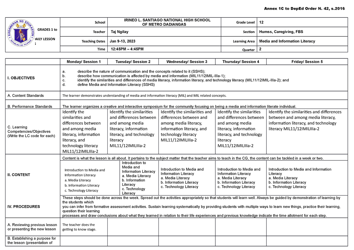 A4 MIL DLL Q2 Week 8 - Reading And Writing Skills Modular Lesson Daily ...