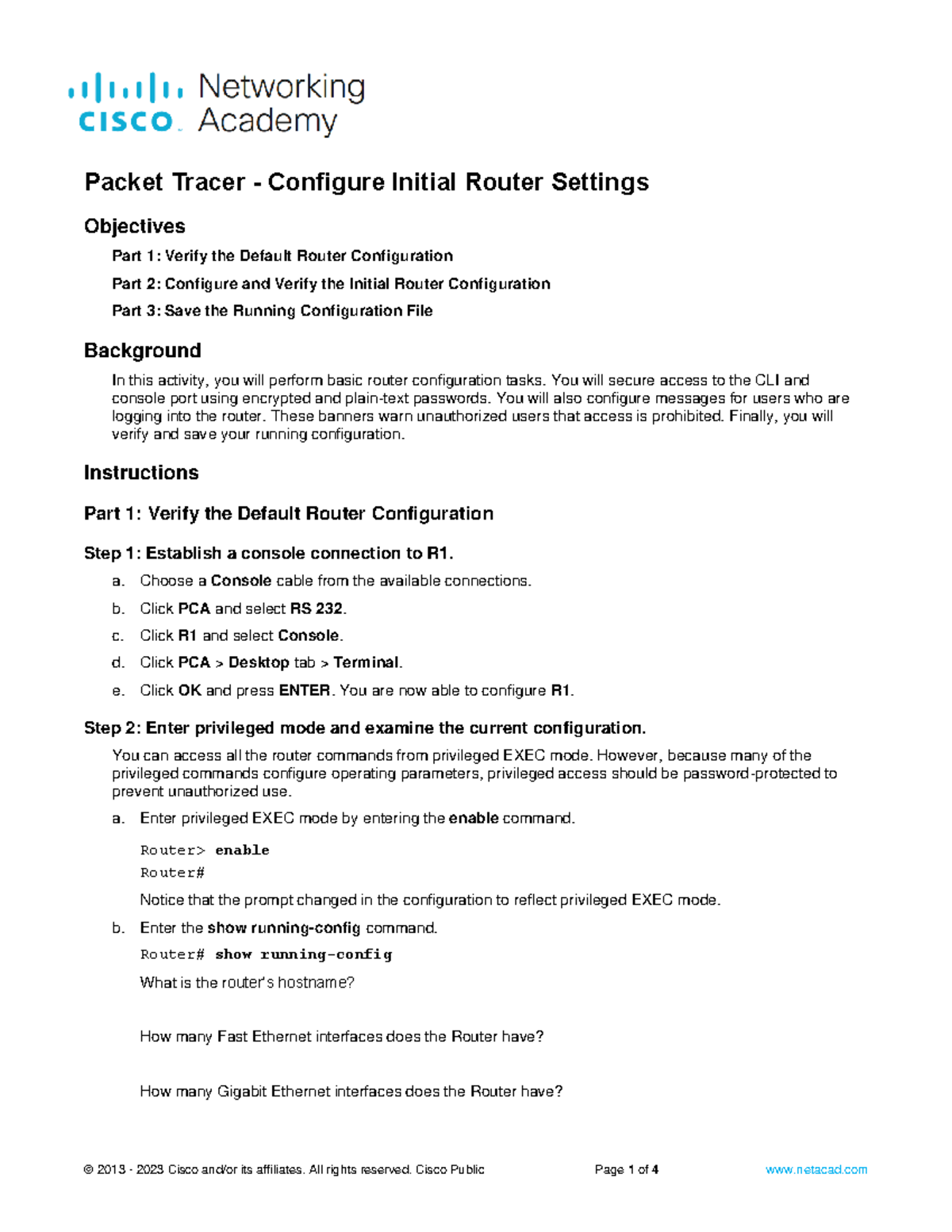 1-10.1.4 Packet Tracer - Configure Initial Router Settings - Objectives ...