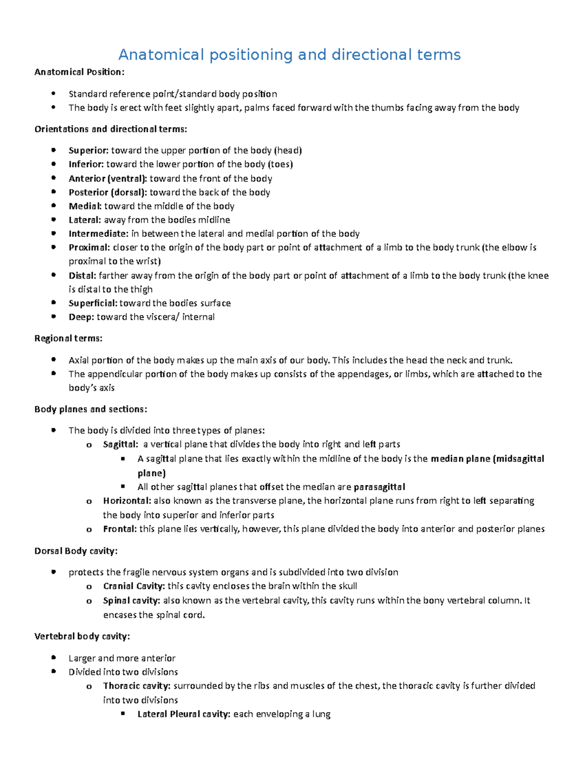 Midterm 1 Exams Anatomical positioning and directional terms