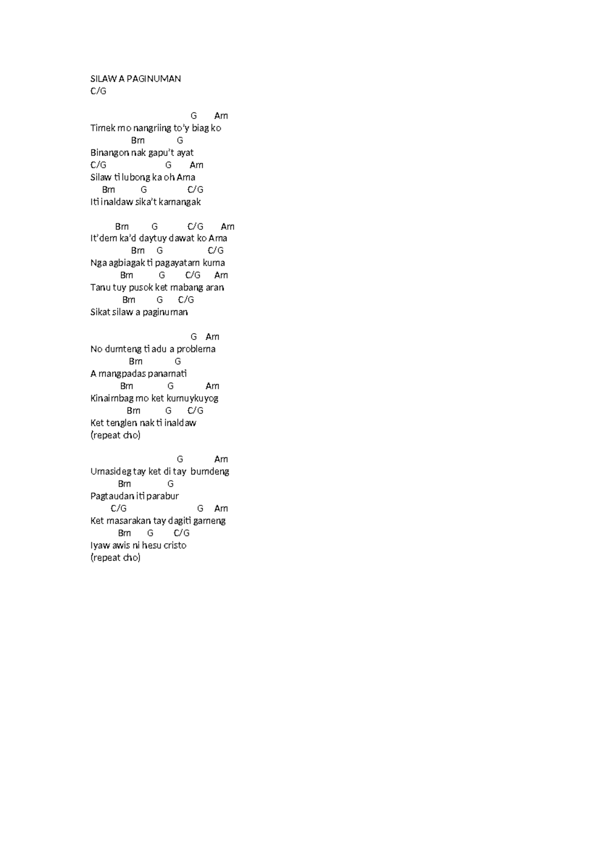 Silaw A Paginuman - SILAW A PAGINUMAN C/G G Am Timek mo nangriing to’y ...