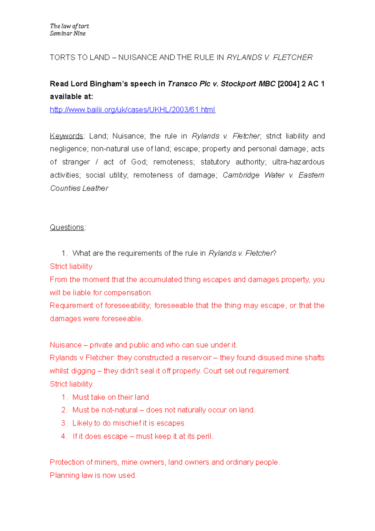 S9 - Nuisance and the Rule of Rylands v Fletcher - The law of tort ...