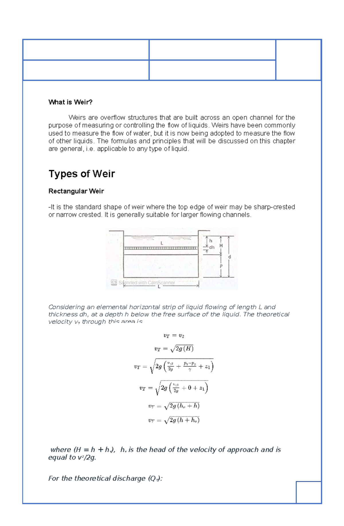 CE319 Assignment Camarillo- 3 - What is Weir? Weirs are overflow ...