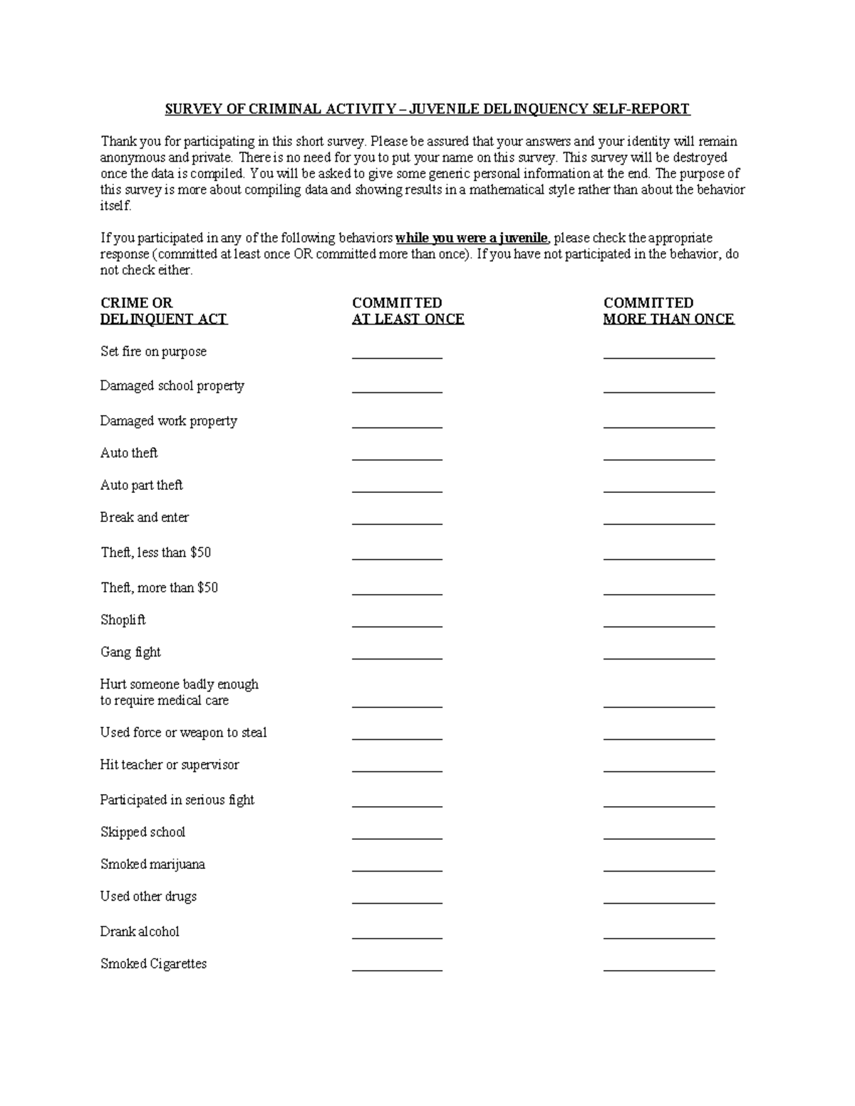 Instructor Provided Survey - SURVEY OF CRIMINAL ACTIVITY – JUVENILE ...
