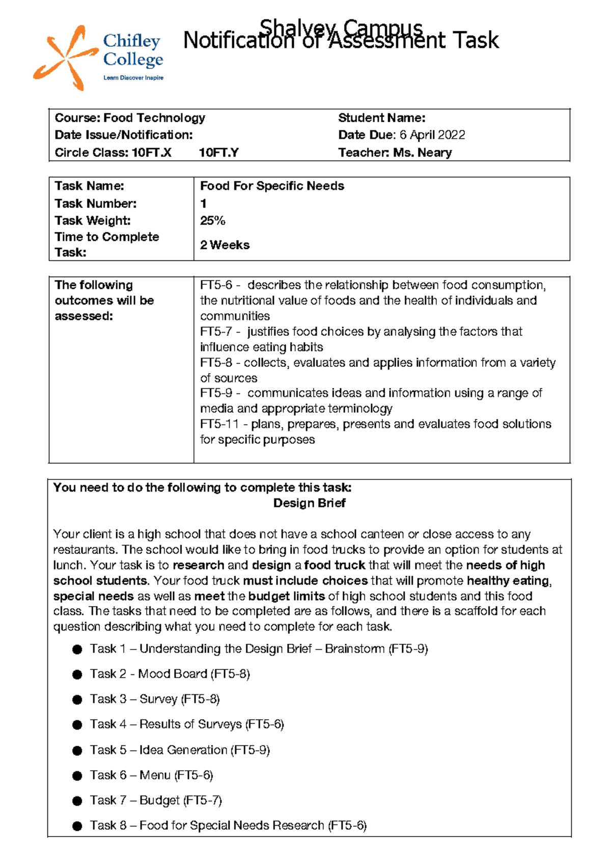 Task 1 Yr 10 Food for Specfic Needs - Notification of Assessment Task ...