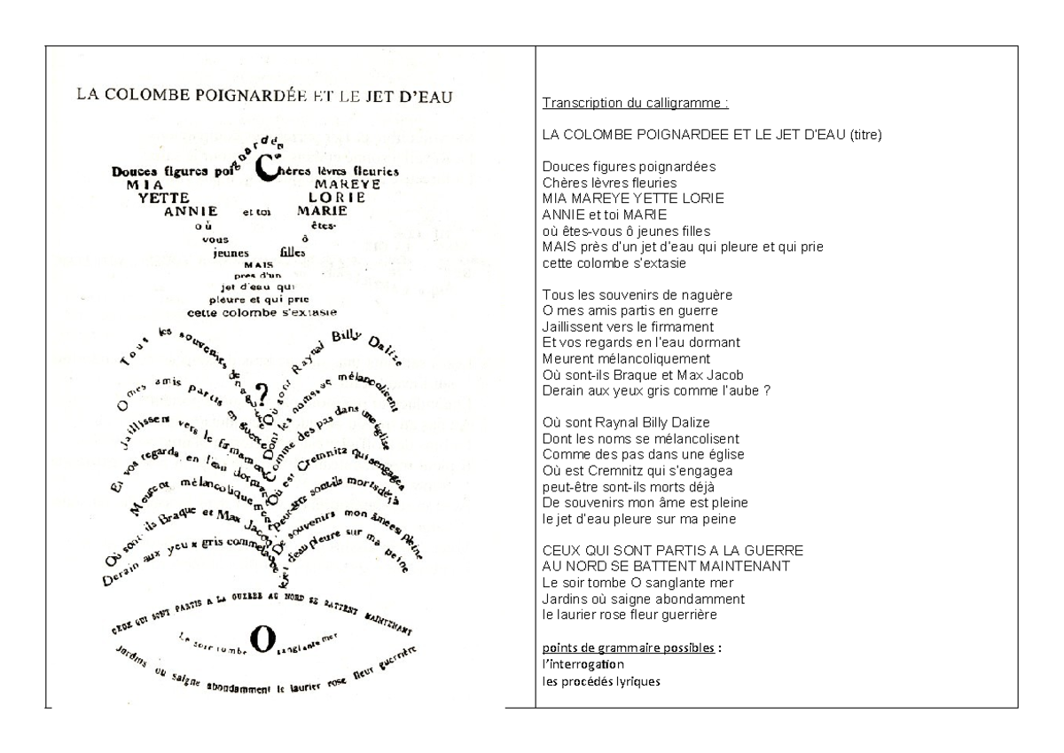 LL Apollinaire Calligrammes La colombe poignardée et le jet d'eau ...