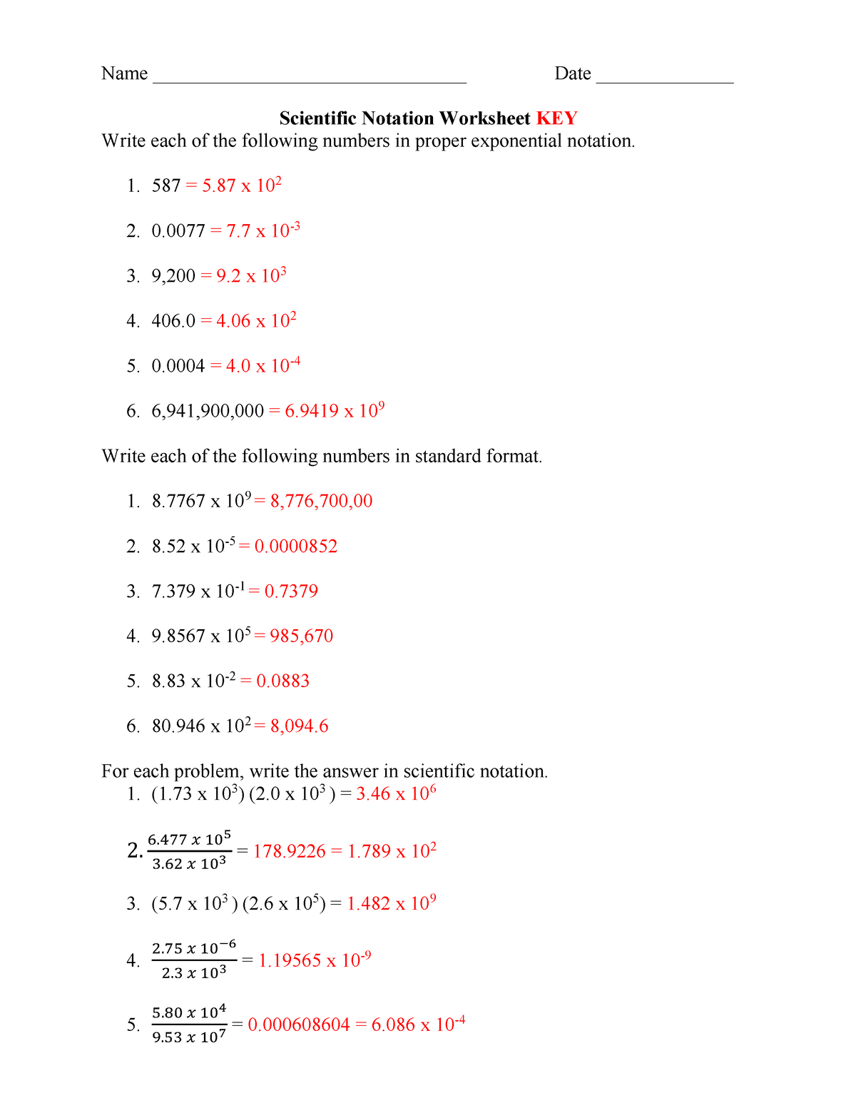 Scientific notation wrksht KEY - Name ...