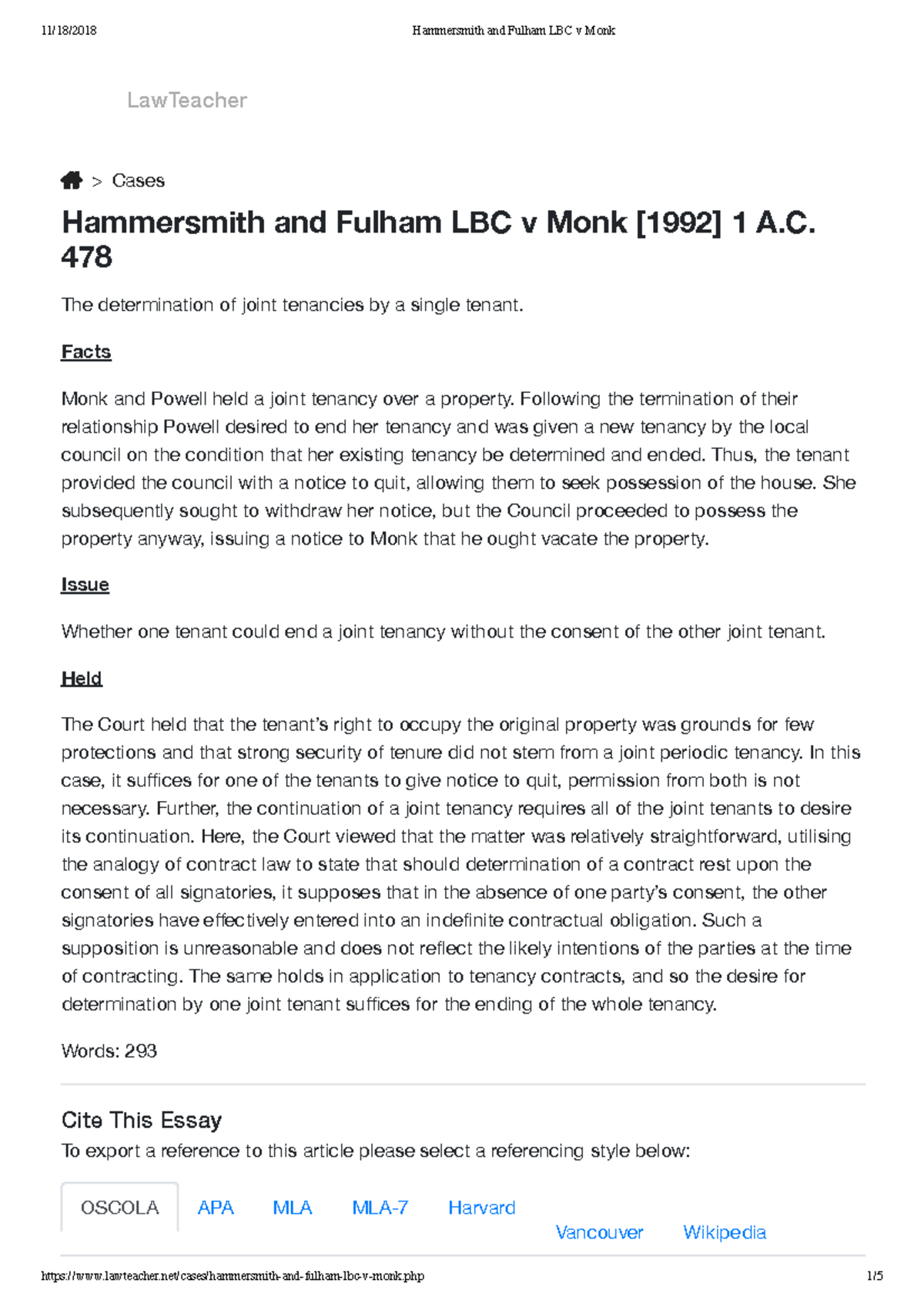 Hammersmith and Fulham LBC v Monk 478 The determination of joint