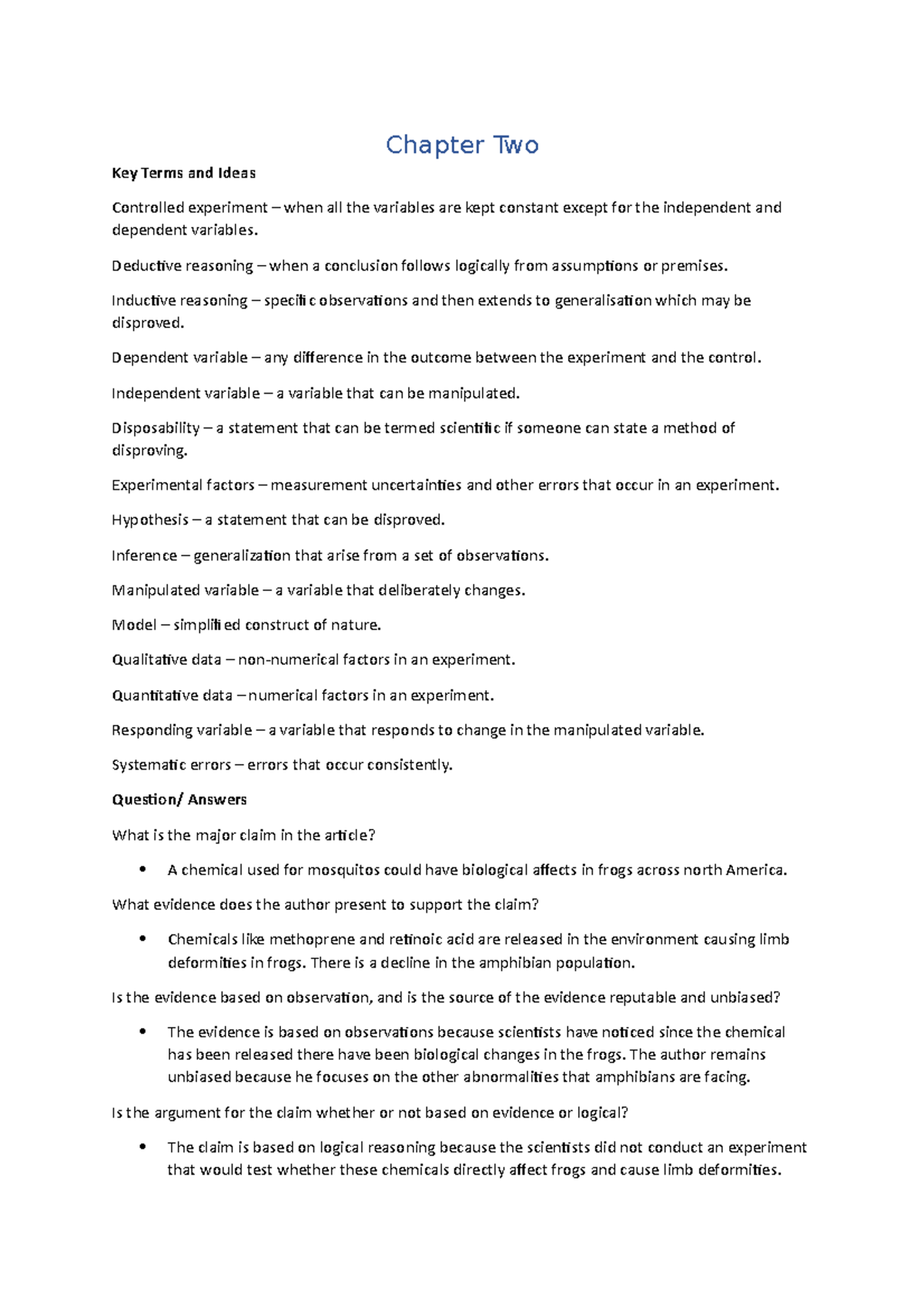 Chapter Two QAs - Chapter Two Key Terms and Ideas Controlled experiment ...