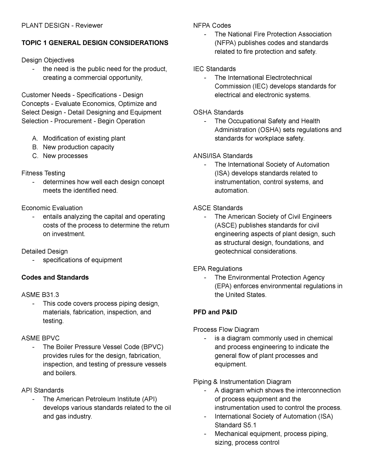 Plant Design - Reviewer - PLANT DESIGN - Reviewer TOPIC 1 GENERAL ...