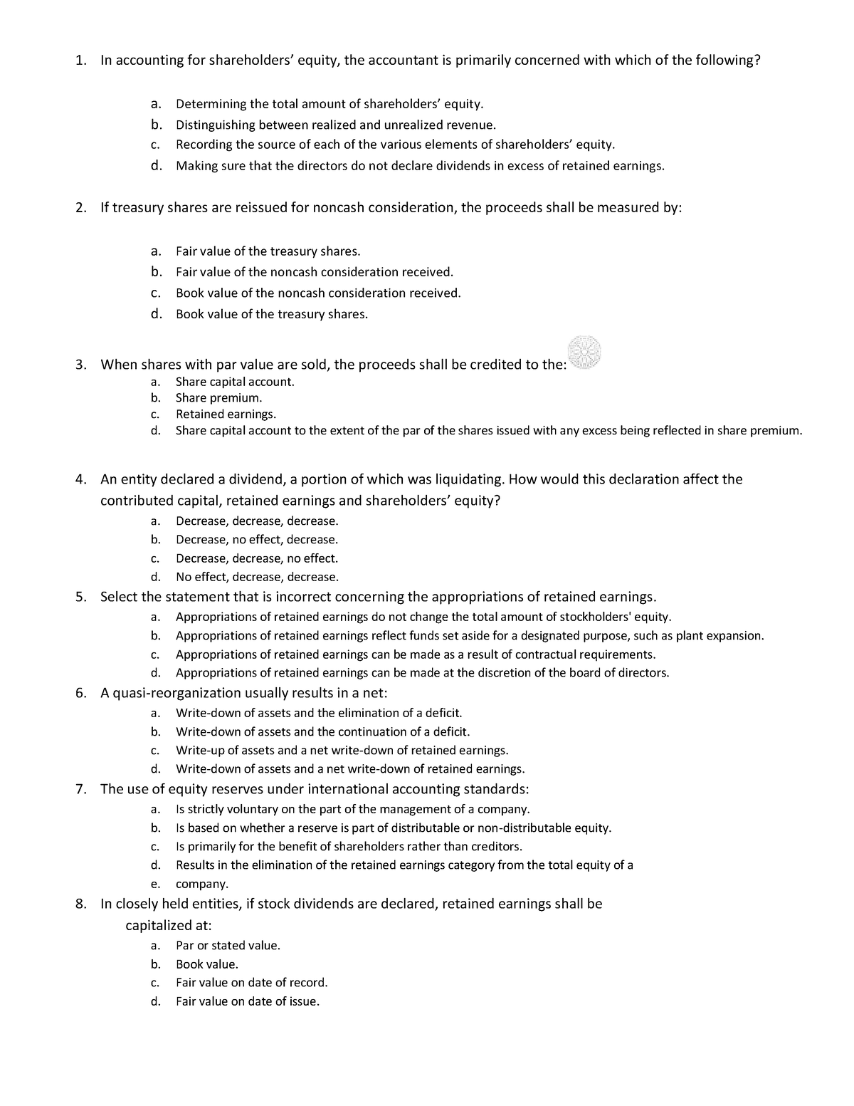 Intermediate Accounting Quiz 1 - 1. In Accounting For Shareholders ...