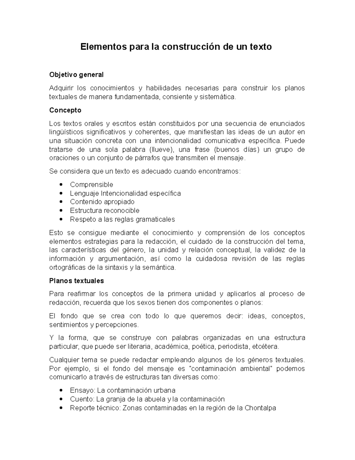 Elementos para la construcción de un texto - Elementos para la ...