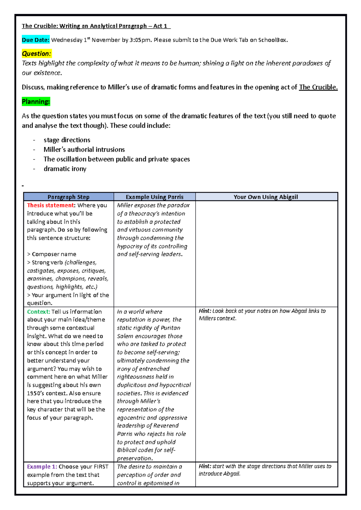 The Crucible Paragraph Writing Task 1 - The Crucible: Writing an ...