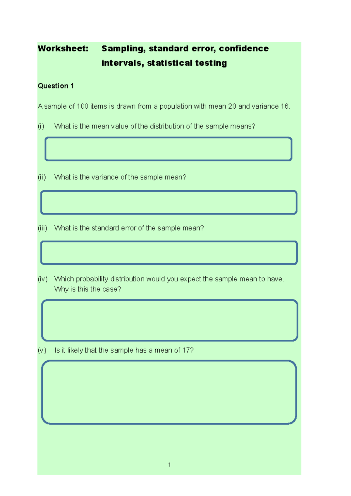 Worksheet Sampling and testing - Worksheet: Sampling, standard error ...