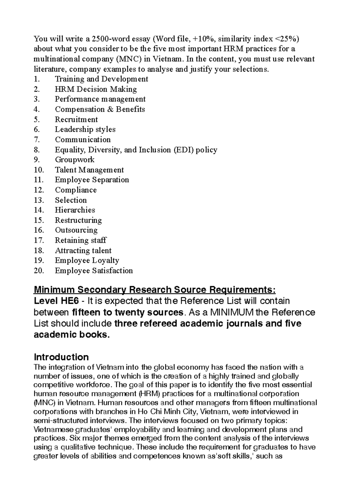 HRM Final term - You will write a 2500-word essay (Word file, +10% ...