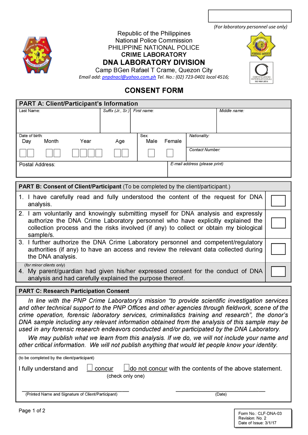 DNA Examination Consent form - (For laboratory personnel use only ...