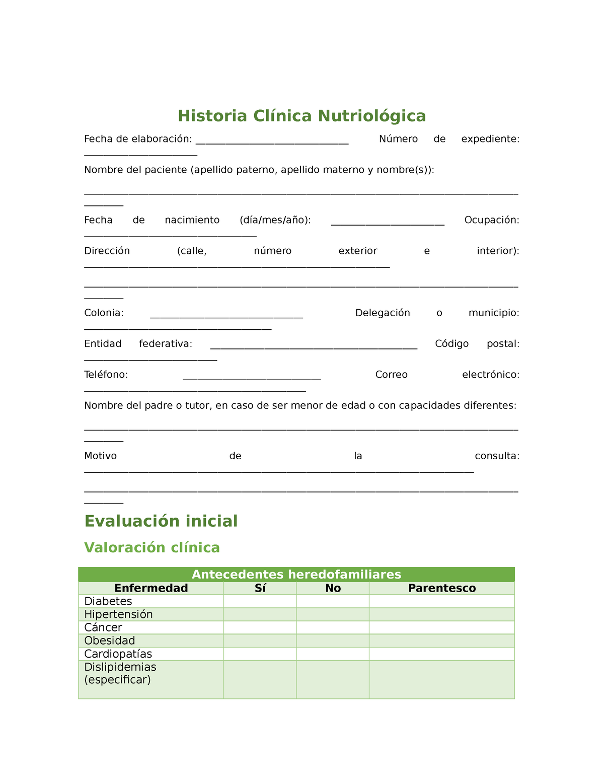 Historia Clinica Nutricional Docx Gordo Alimentos 7985