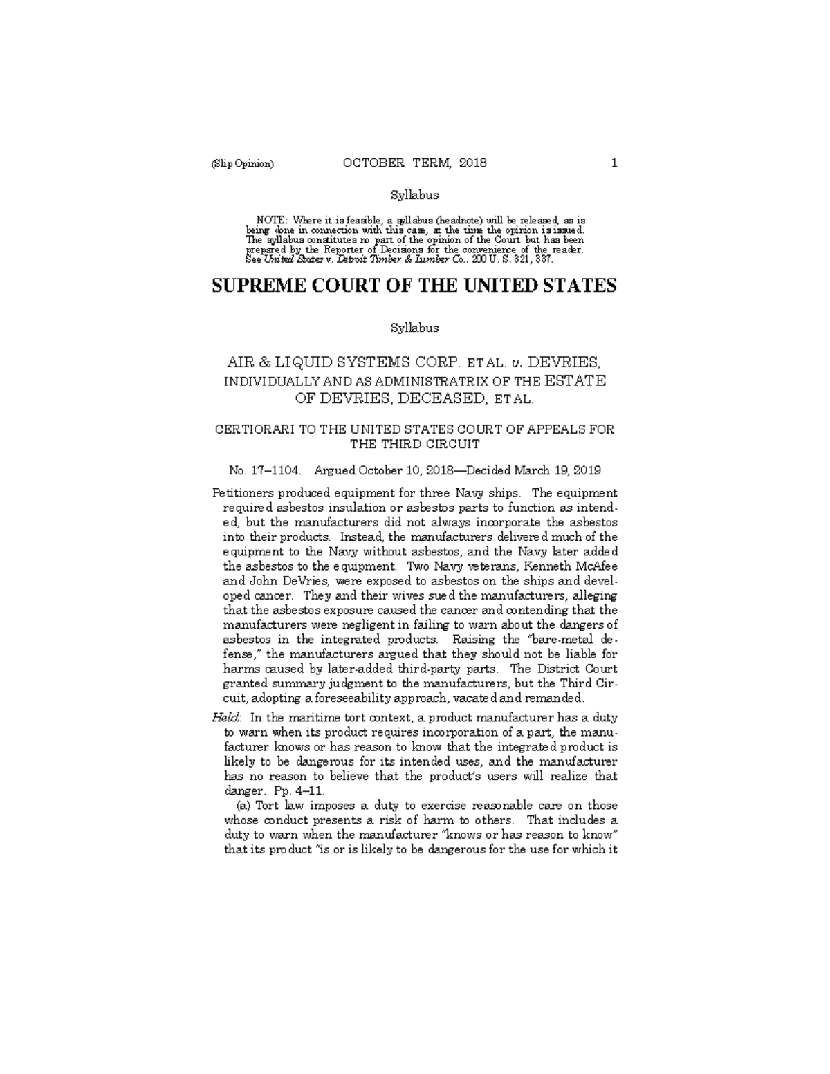 Air & Liquid Systems Corp. et al v. Devries (Slip Opinion) OCTOBER