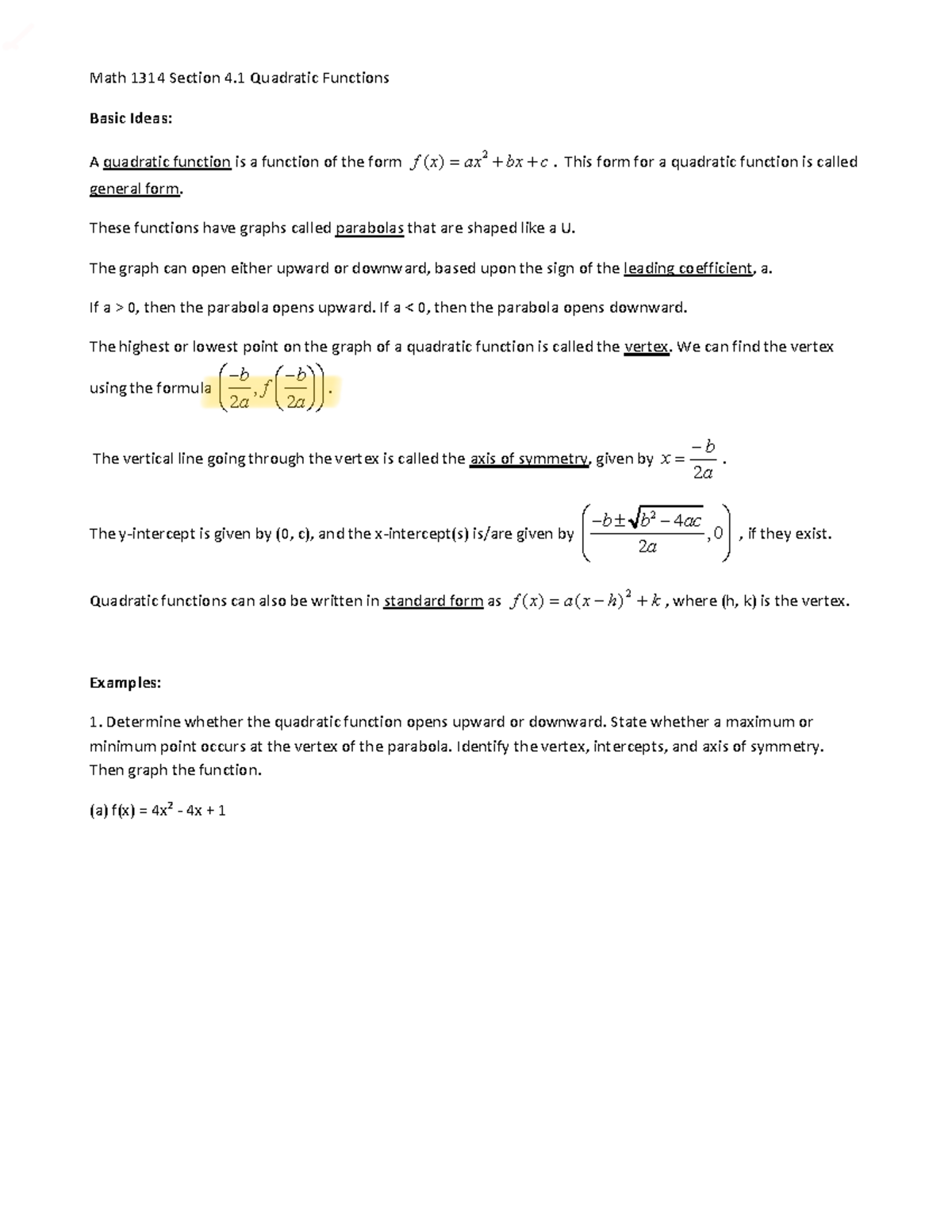 1314-4.1 notes Quadratic Functions - Math 1314 Section 4 Quadratic ...