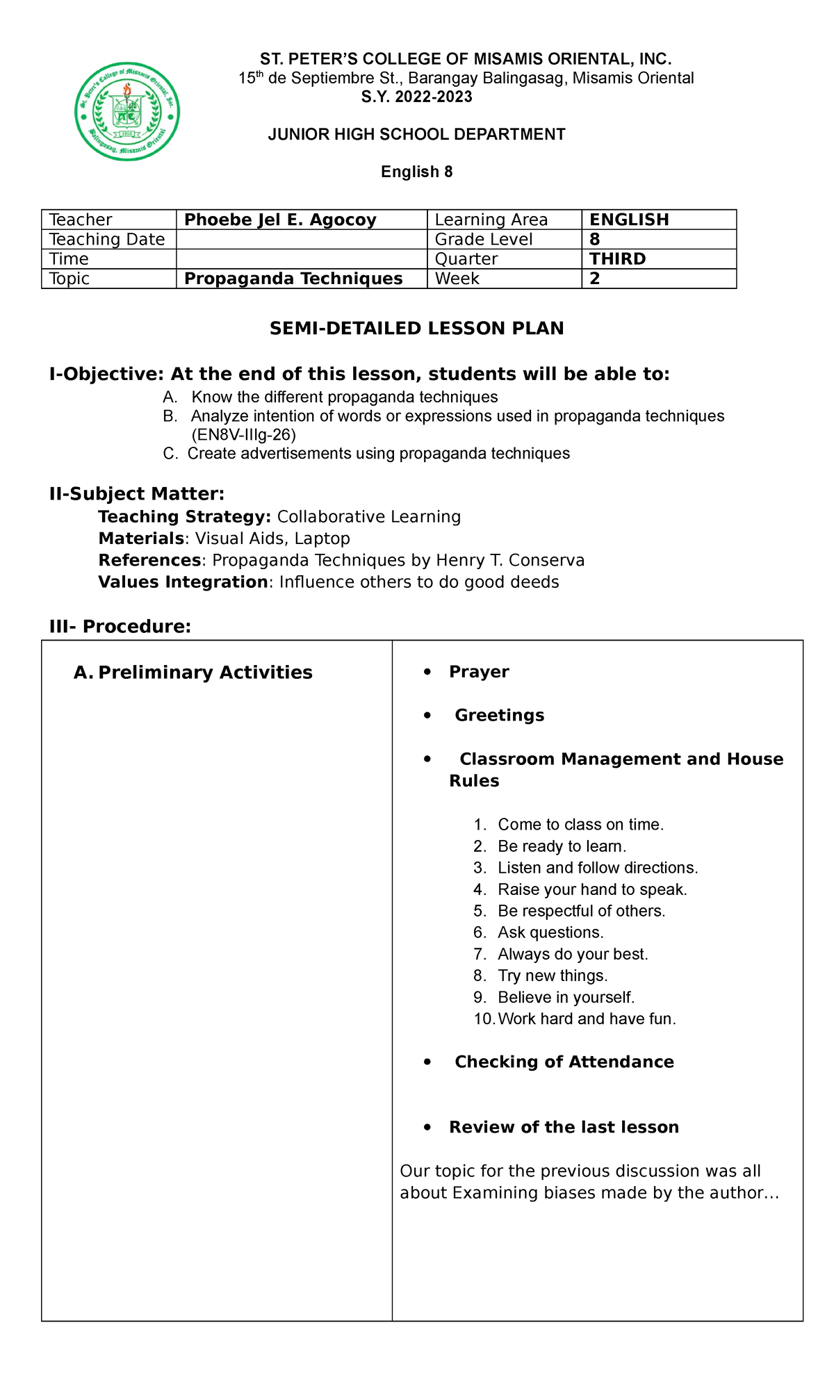 Propaganda Techniques Semi-Detailed Lesson Plan - ST. PETER’S COLLEGE ...