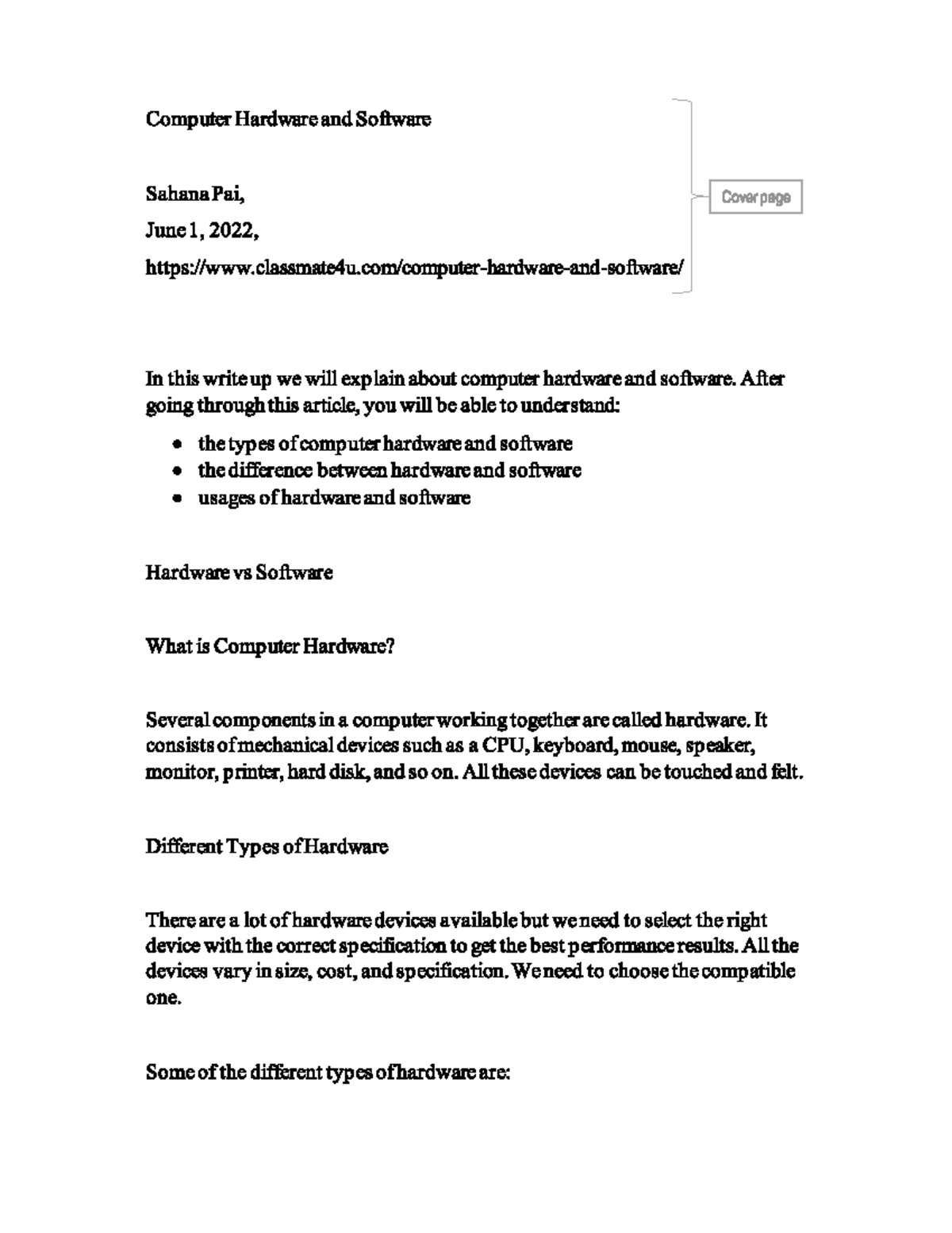 Hardware Software - EXAMPLE - Fundamentals of Information and ...