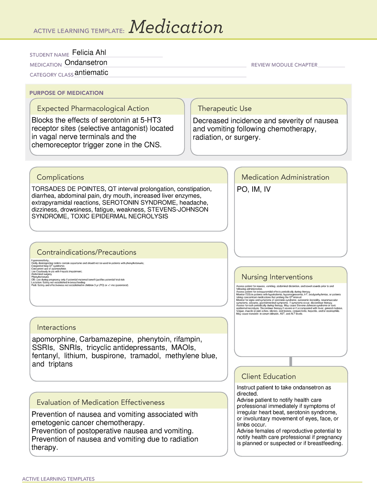 Ondansetron drug cards ACTIVE LEARNING TEMPLATES Medication STUDENT
