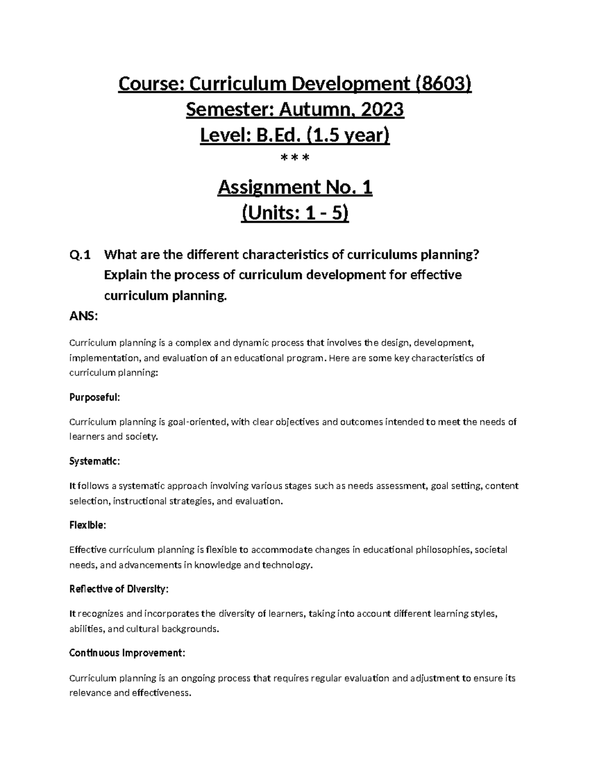 8603 1 Bed Course Curriculum Development (8603) Semester Autumn, 2023 Level B. (1 year