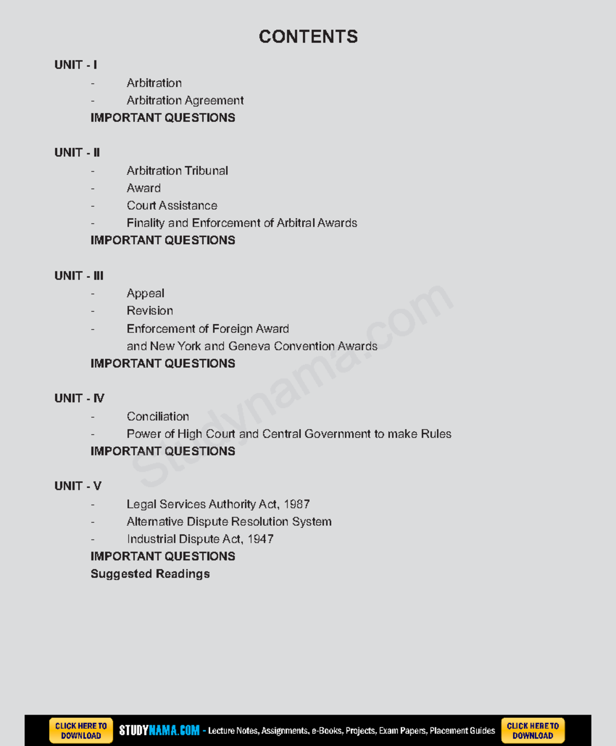 ADR notes - CONTENTS UNIT - I Arbitration Arbitration Agreement ...