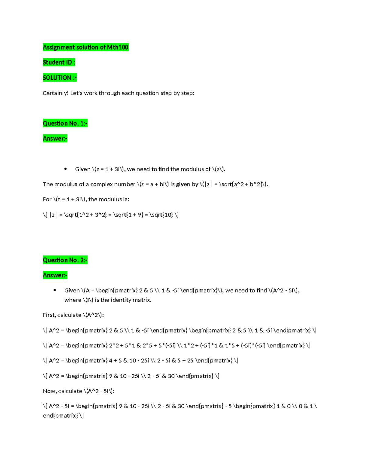 Assignment solu-of Mth100 2024 - Assignment solution of Mth Student ID ...