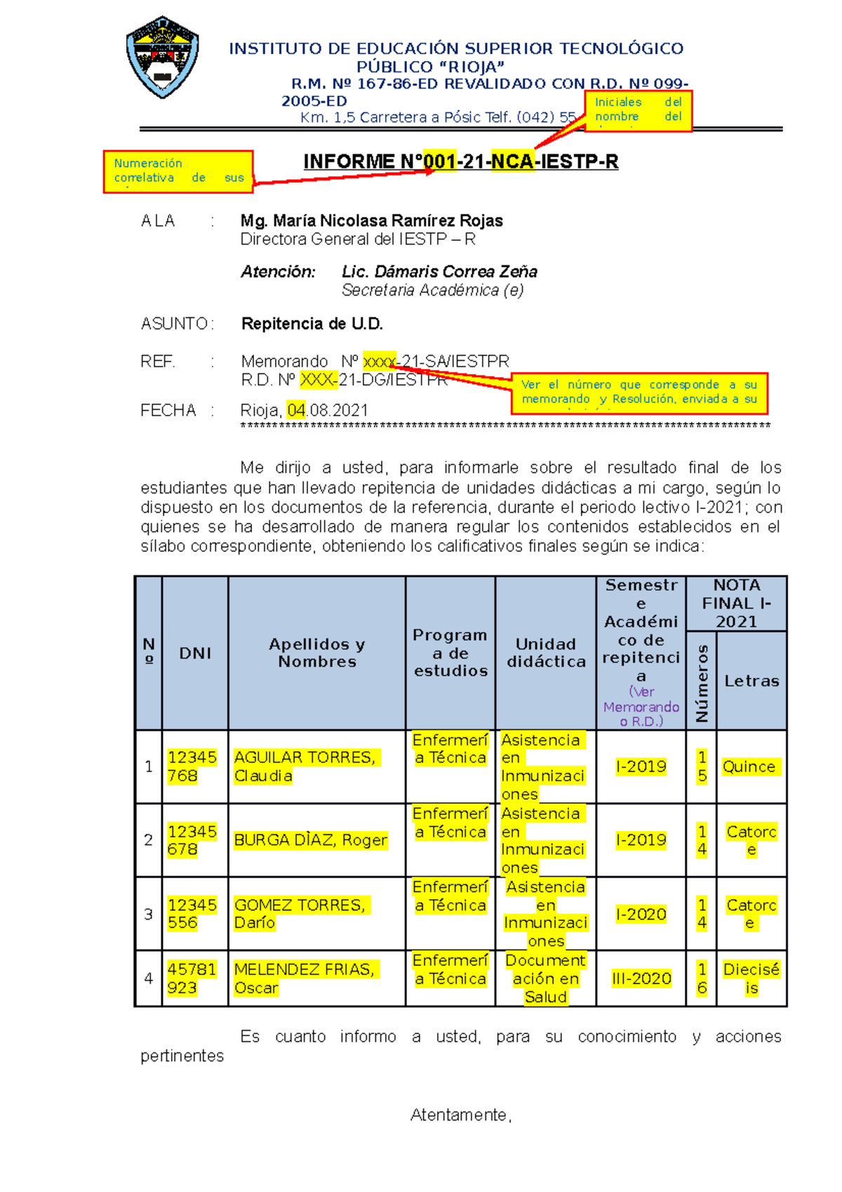 Modelo Informe Repitencia 2021-I - INSTITUTO DE EDUCACIÓN SUPERIOR ...