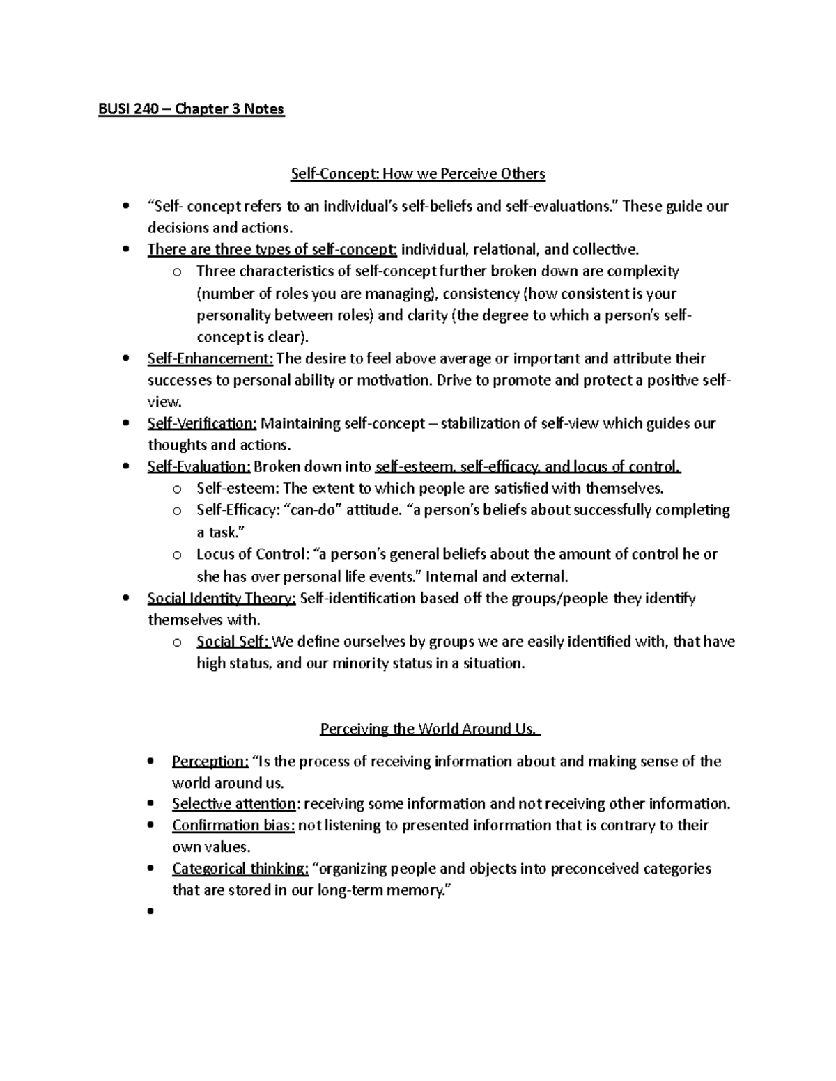 BUSI 240 Chapter 3 Reading Notes - BUSI 240 – Chapter 3 Notes Self ...