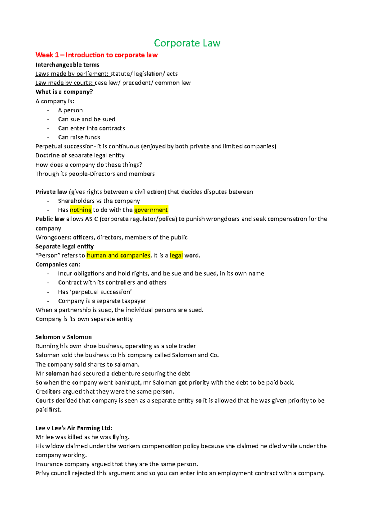 Corporate Law lecture notes - Corporate Law Week 1 – Introduction to ...