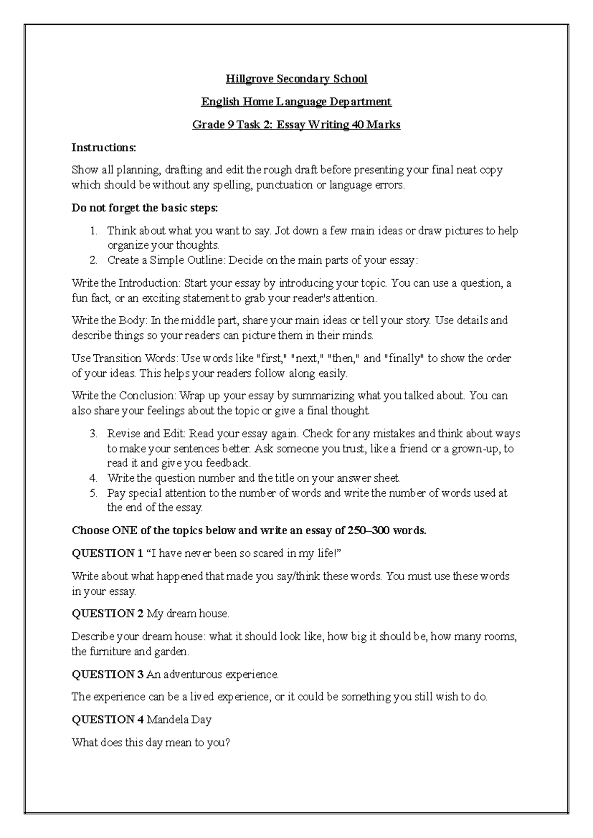 Task 2 Essay Writing - Hillgrove Secondary School English Home Language ...