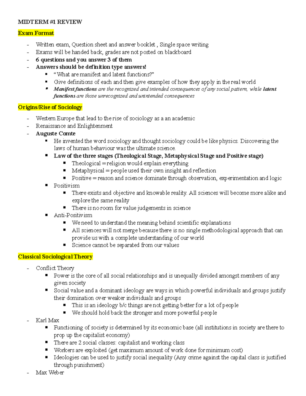 Midterm #1 Review Sociology - MIDTERM #1 REVIEW Exam Format Written ...