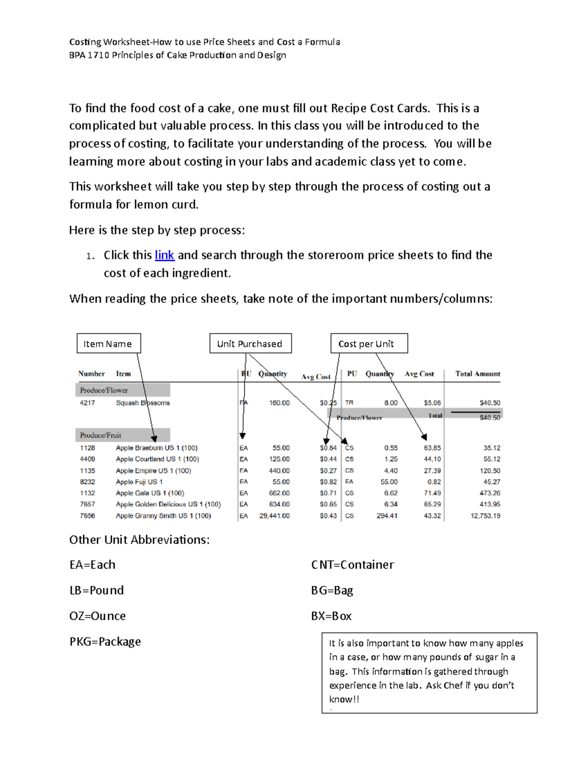 Costing-Lemon Curd HW - Chef Lavornia's class. - Costing Worksheet-How ...