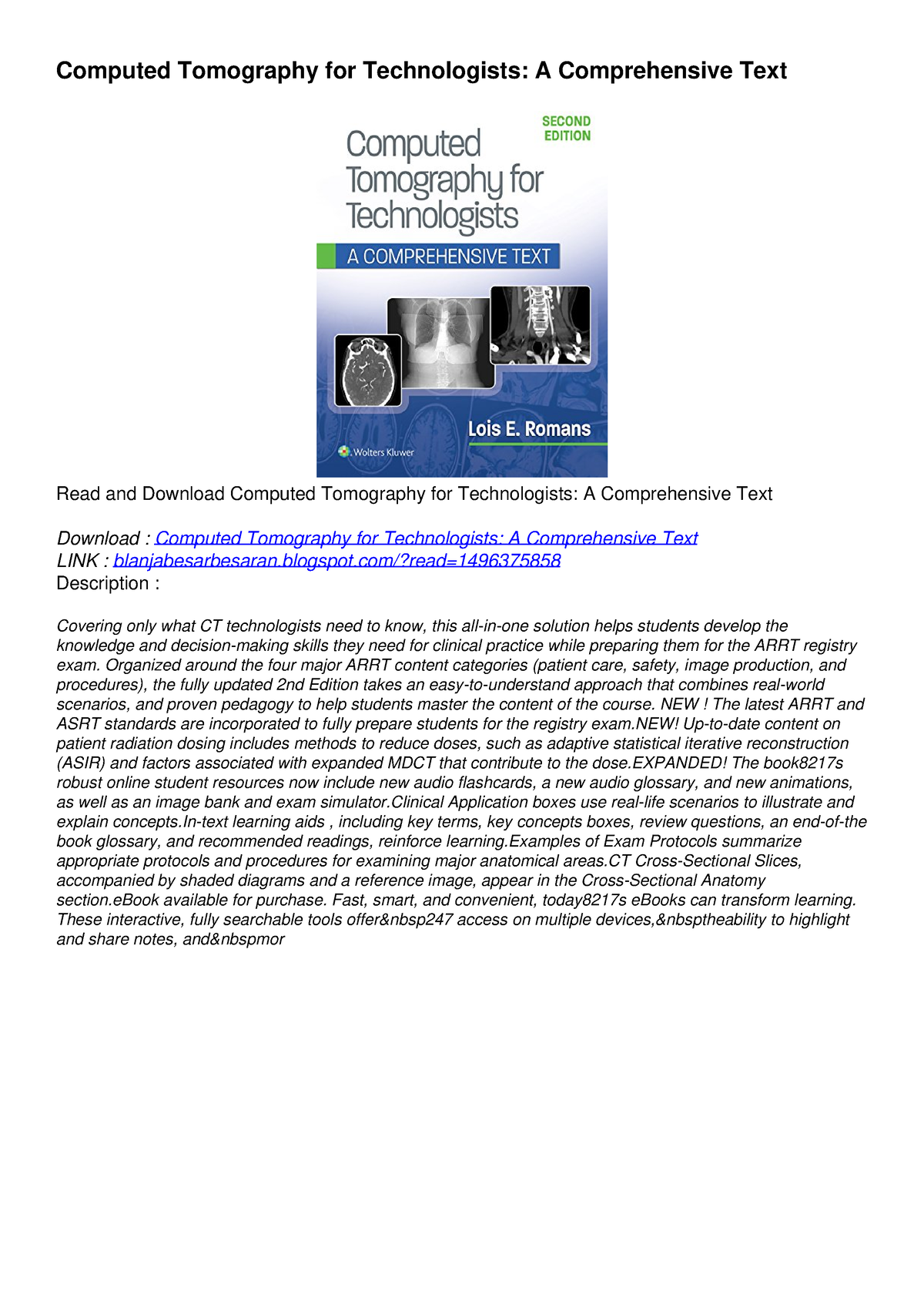 PDF Computed Tomography For Technologists: A Comprehensive Text Ebooks ...