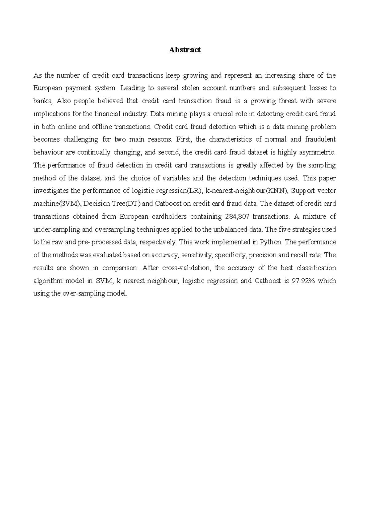 1-report - nothing to say - Abstract As the number of credit card ...