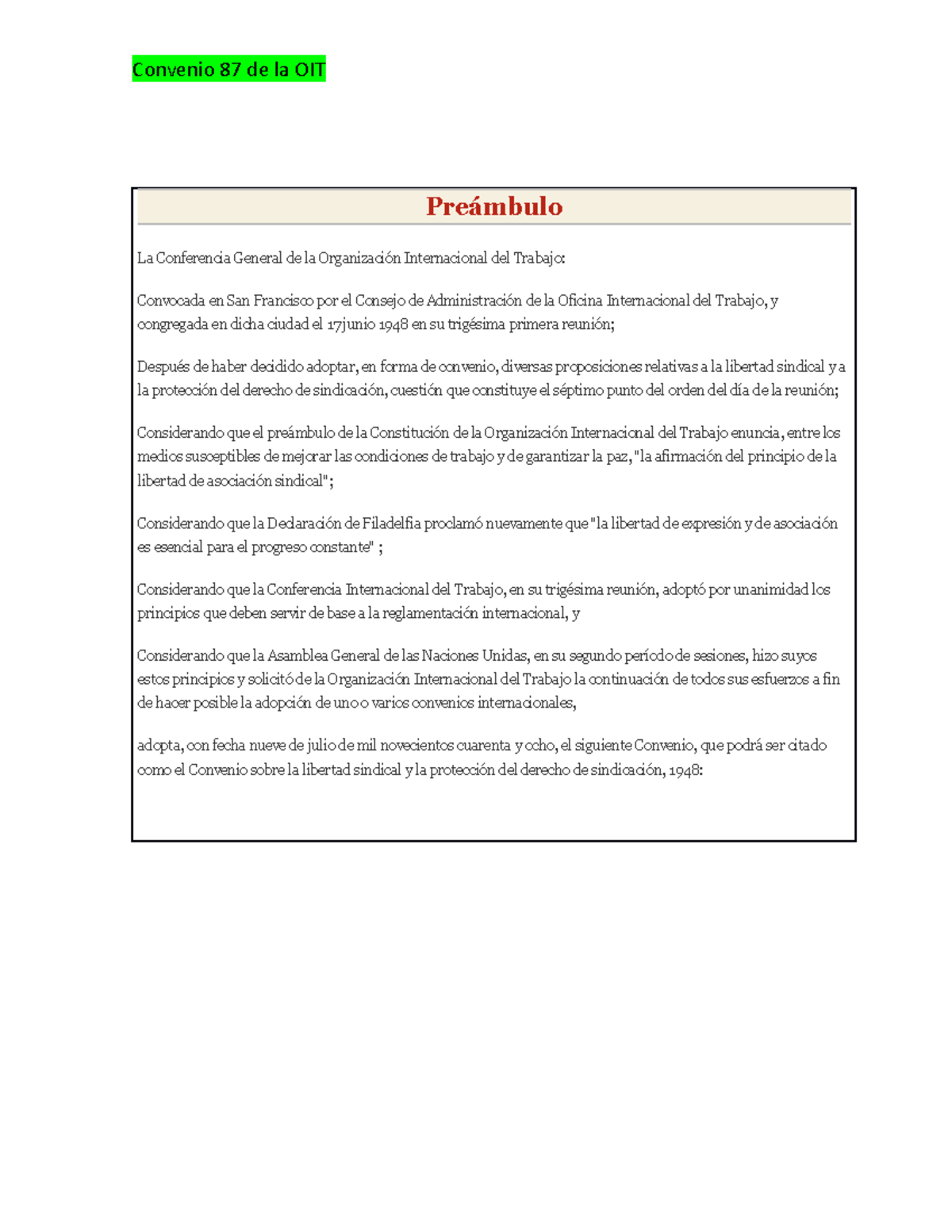 Convenio 87 Preámbulo La Conferencia General