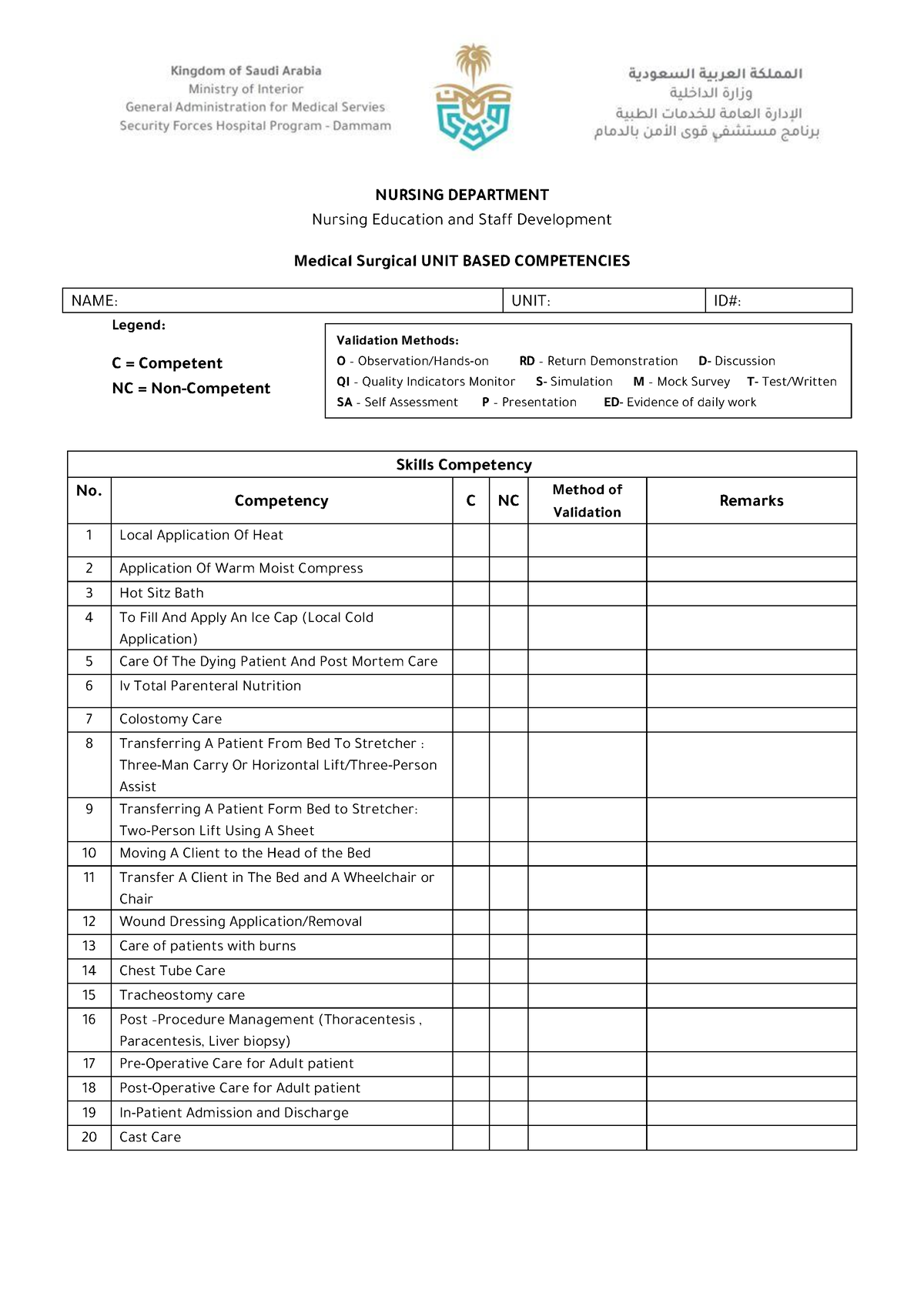 Summary of medical surgical competency list format - NURSING DEPARTMENT ...