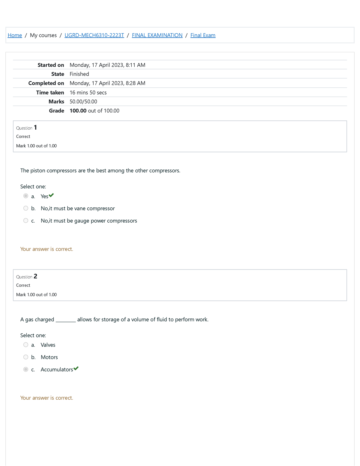 Final Exam Attempt reviewhydraulics - Home / My courses / UGRD-MECH6310 ...