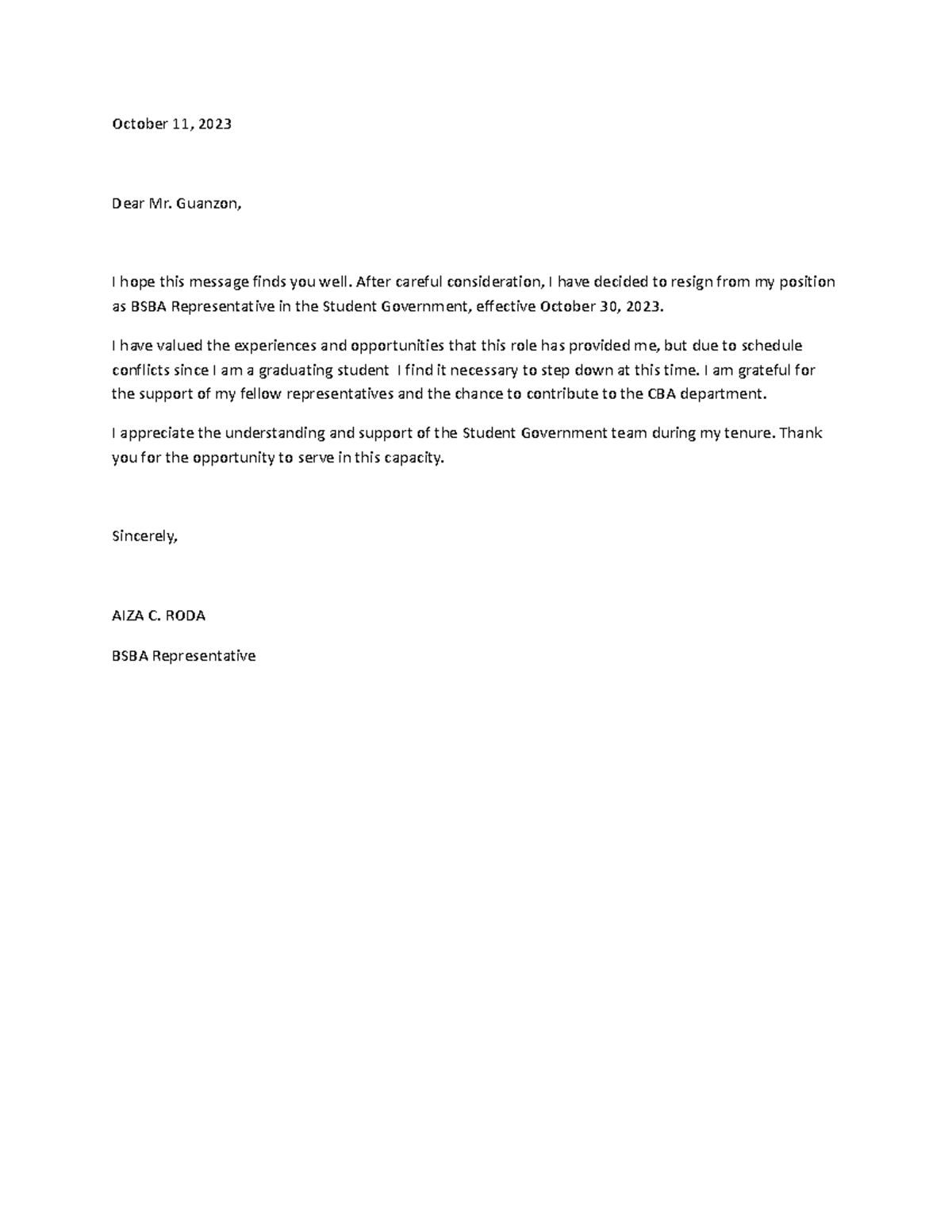 Resignation letter - Please refer the file. - October 11, 2023 Dear Mr ...