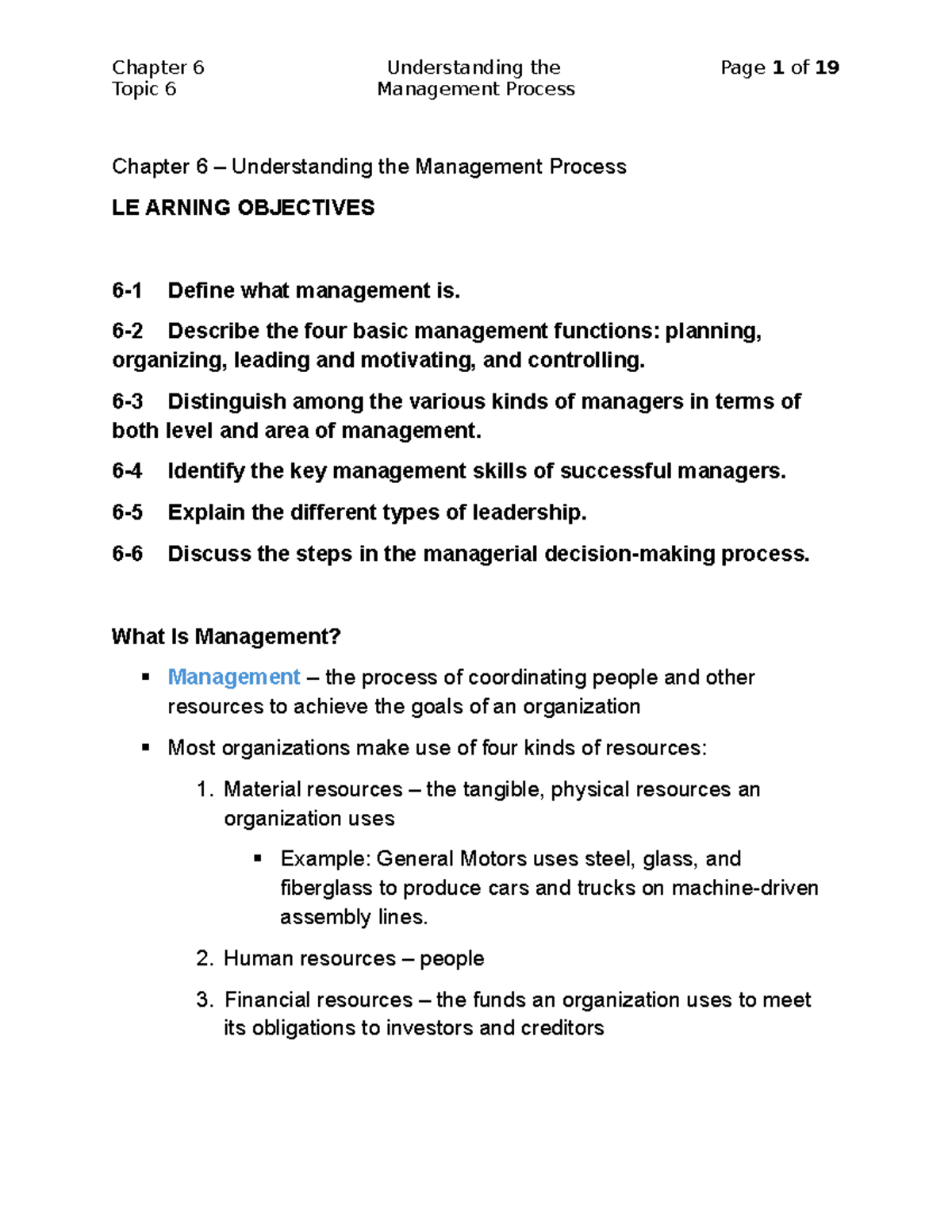 Chapter 6 PPt Notes - Topic 6 Management Process Chapter 6 ...