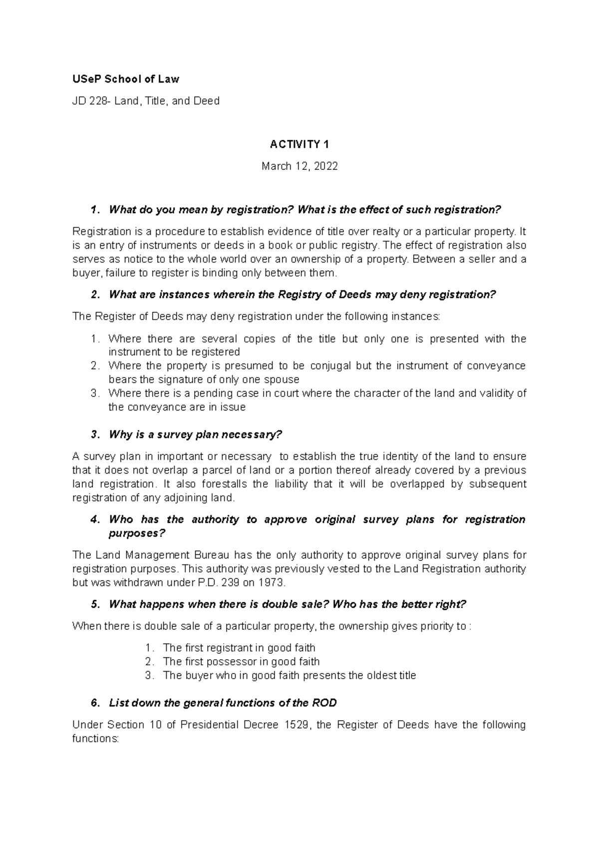 Land Title and Deed Activity number 1 USeP School of Law JD 228 Land