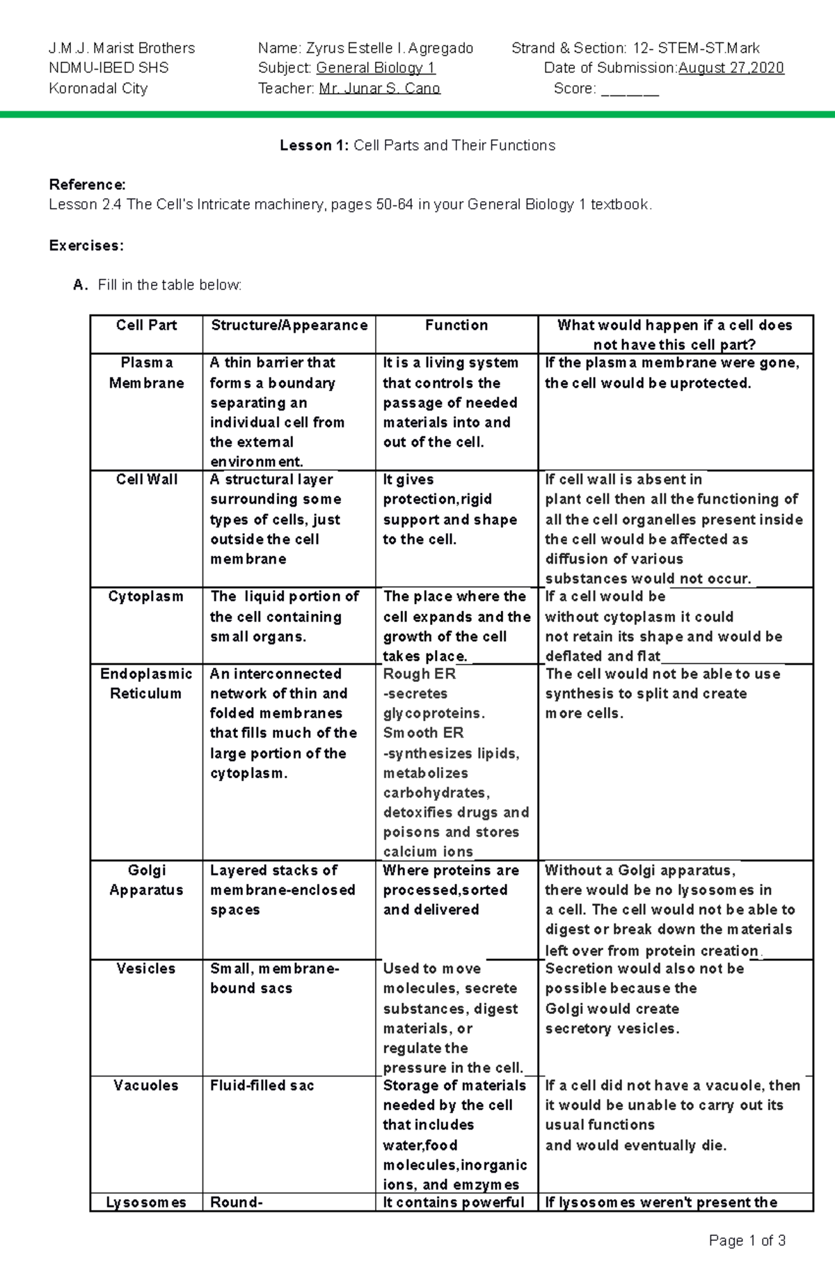 Cell Parts and Their Functions - J.M. Marist Brothers Name: Zyrus ...