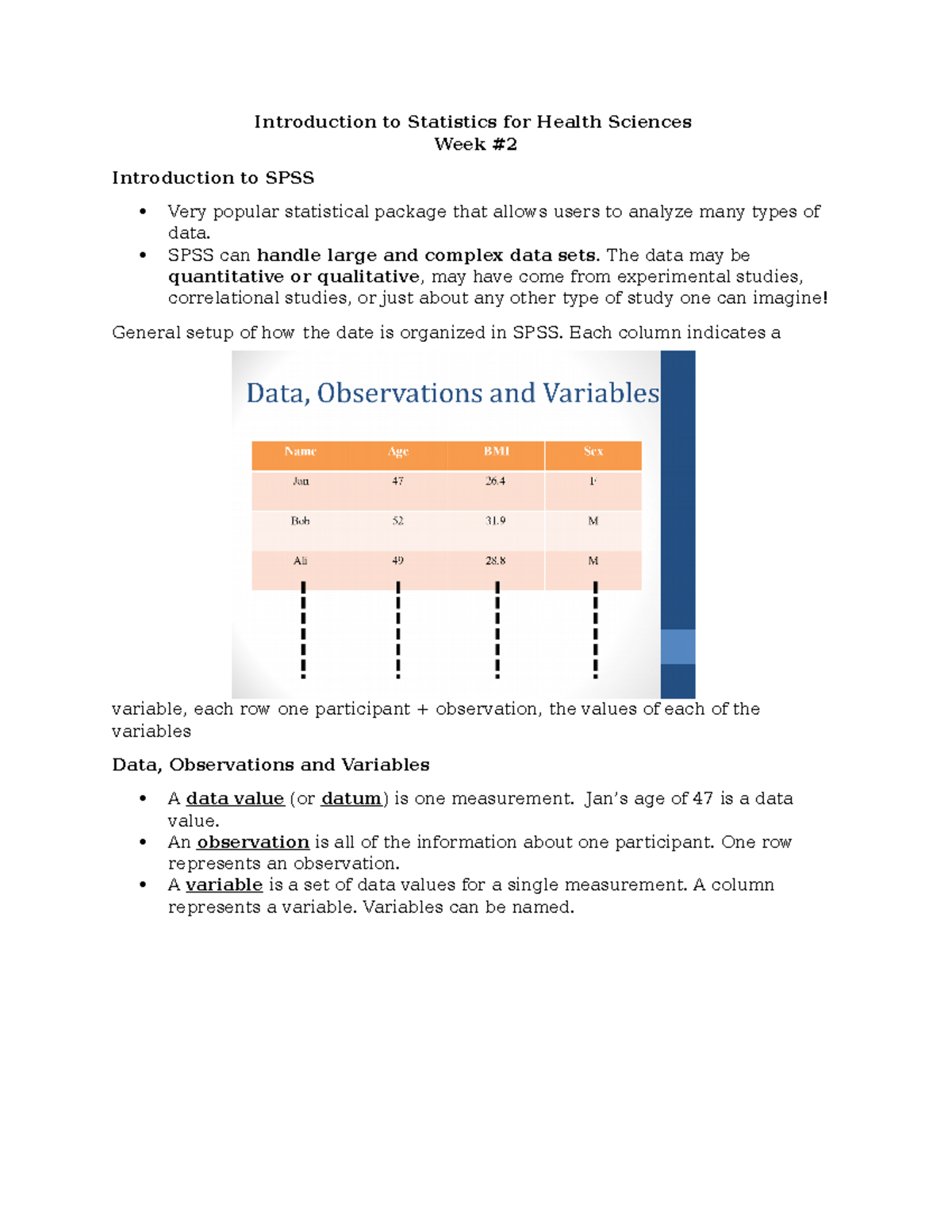 Week 2 - Lecture Notes - Introduction to Statistics for Health Sciences ...