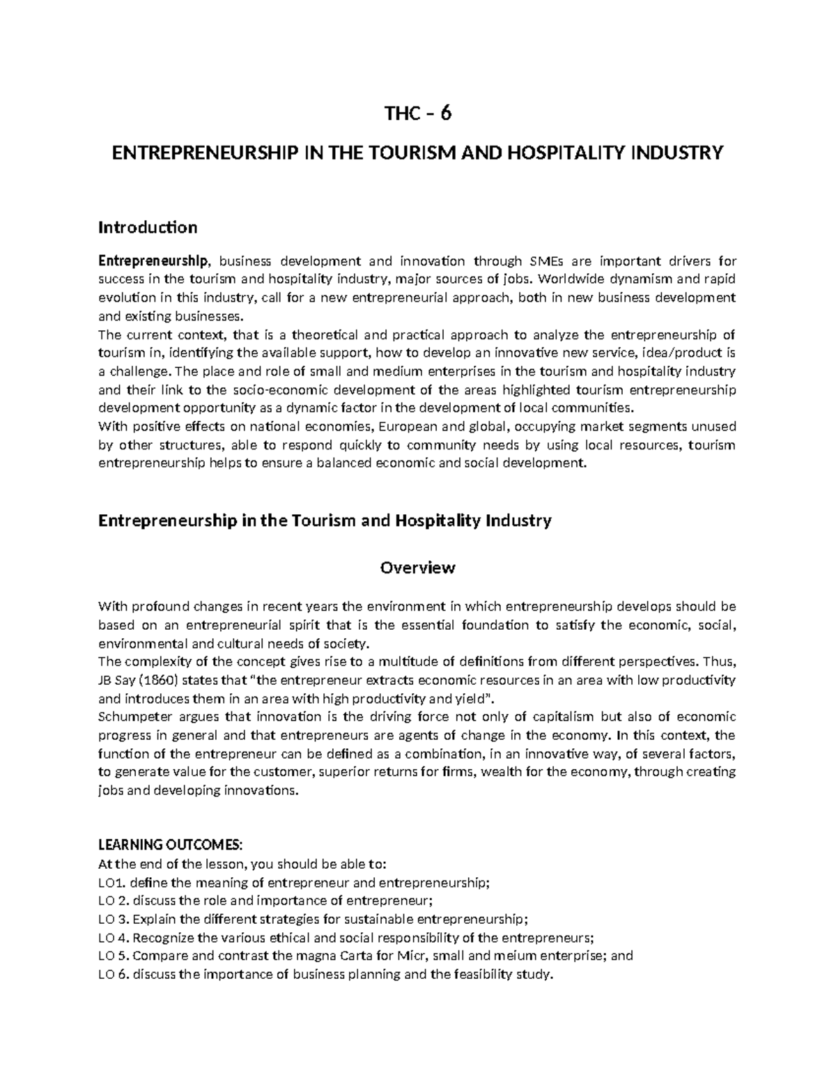 THC-6- Module - fsdfhdfh - THC – 6 ENTREPRENEURSHIP IN THE TOURISM AND ...