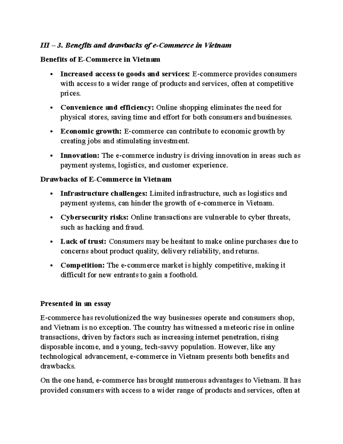 III 3. Benefits and drawbacks of in Vietnam III 3